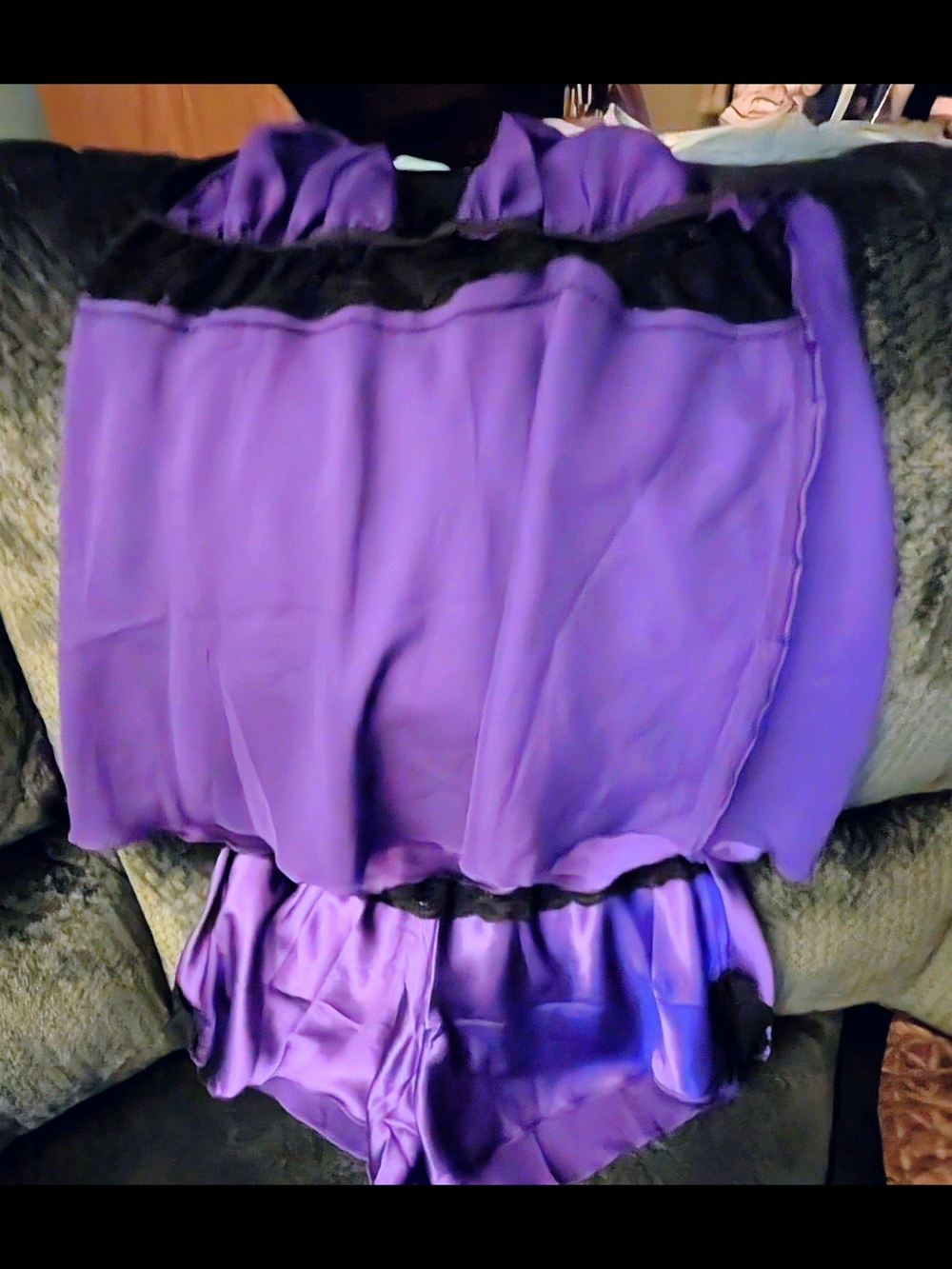 Purple Satin Two-Piece Lingerie Set with Black Trim